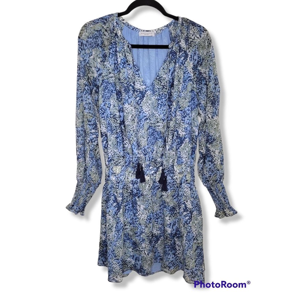 Ramy Brook Brinley Tasseled Long-Sleeve Smocked-Waist Patterned Dress - M